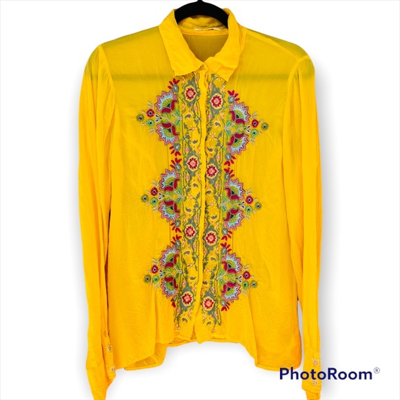 Long Sleeve Johnny Was Yellow 100% Silk Button Down Embroidered Blouse - Picture 1 of 9